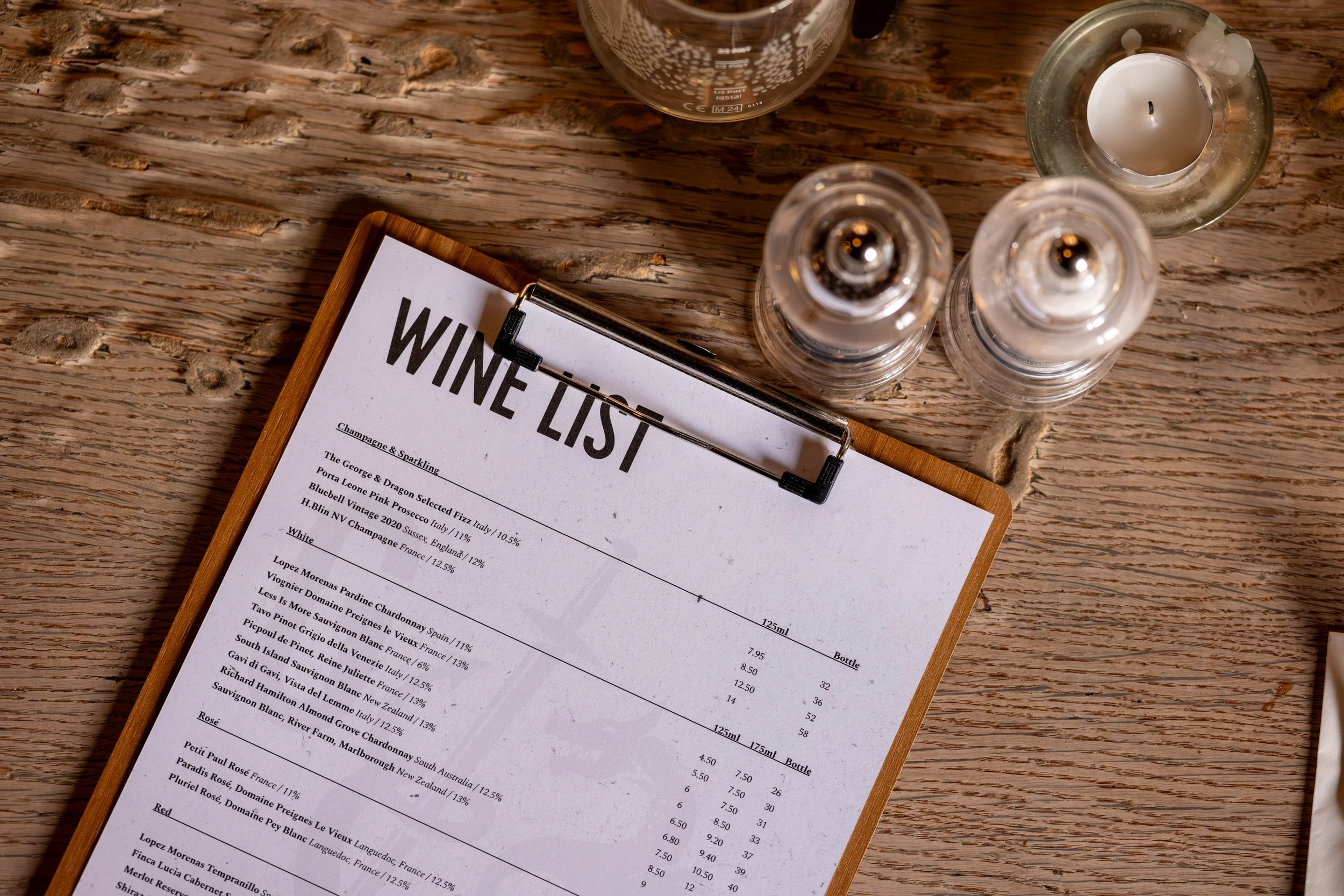 The wine list curated by Milton Sandford Wines, at the George & Dragon, Swallowfield