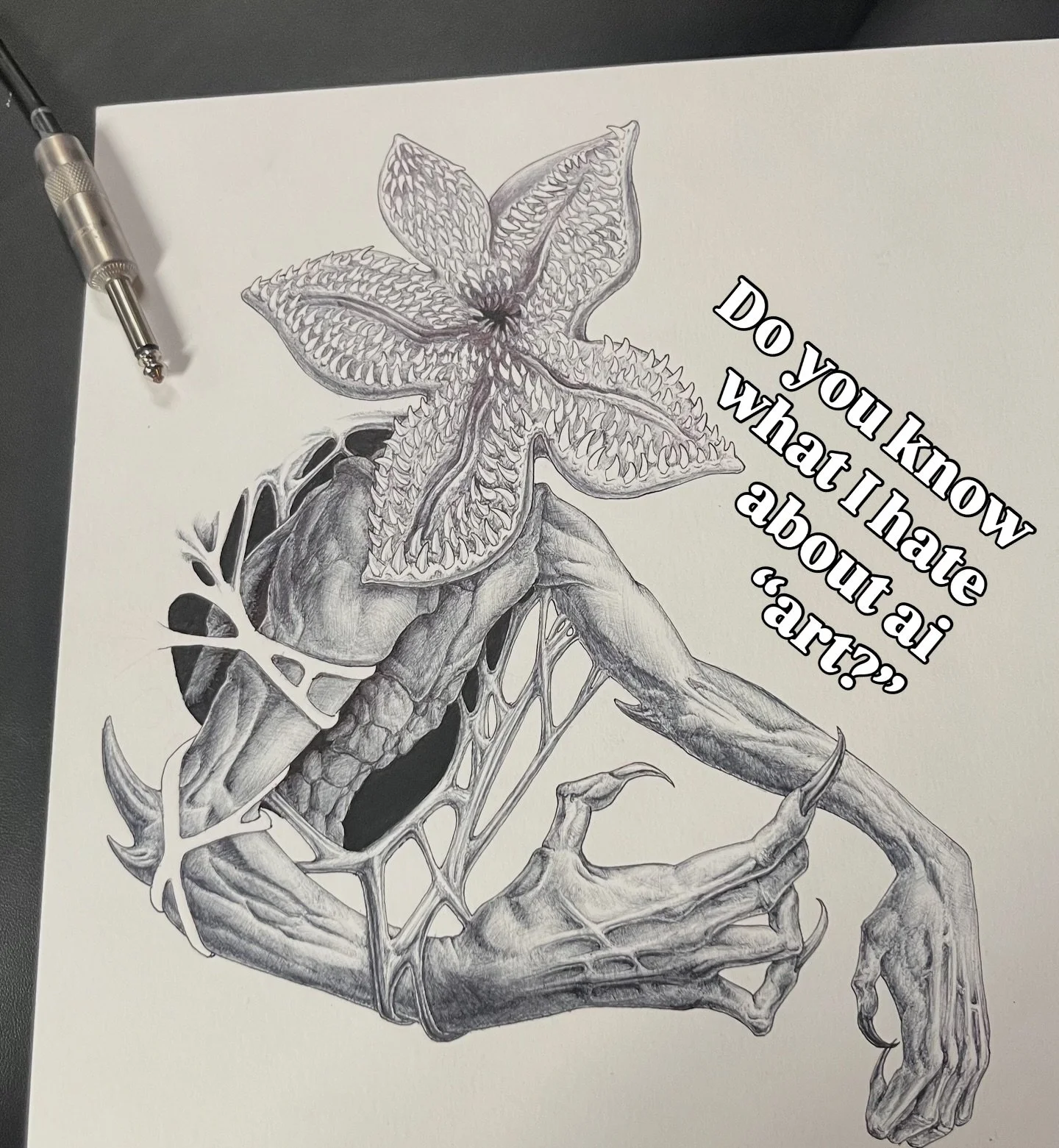 Workin on stranger things flash. Almost done! It takes me a long time to do these. There&rsquo;s an idea that I build out in my head, then a bunch of sketches, then I start the actual designs as line drawings, then a billion hours of rendering with a