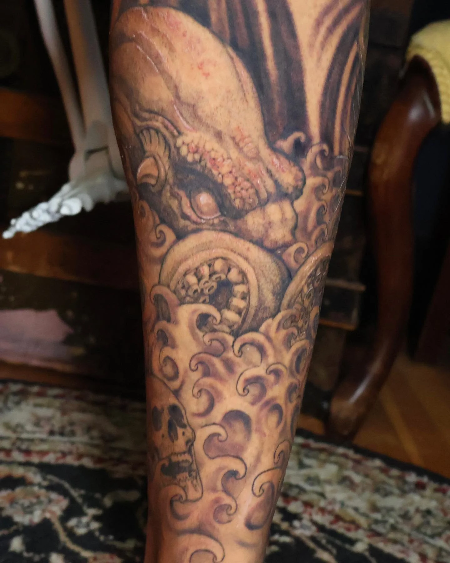 Finished lower leg sleeve! Really proud of this one! I am constantly trying to improve and learn all I can about this craft we call tattooing. I think this was a big opportunity to apply some of what I&rsquo;ve learned recently. Thanks @zen_astray fo