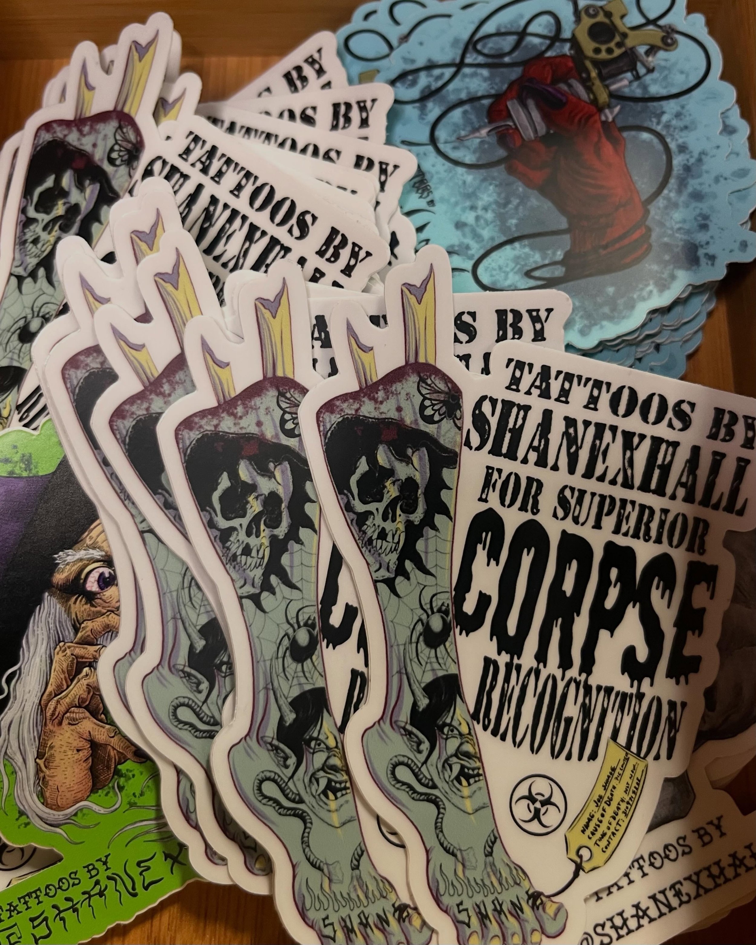 I designed some new stickers!! &ldquo;Tattoos for superior corpse recognition&rdquo; Swing by the tattoo shop and grab a couple!