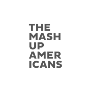 Text on black background that reads "The Mash Up Americans" in gray font.