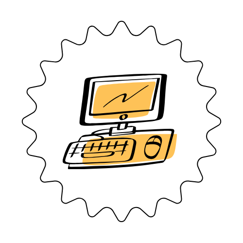 Line drawing of a computer monitor, keyboard, and mouse.