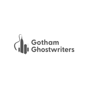 Gotham Ghostwriters logo with a ghost holding a quill.