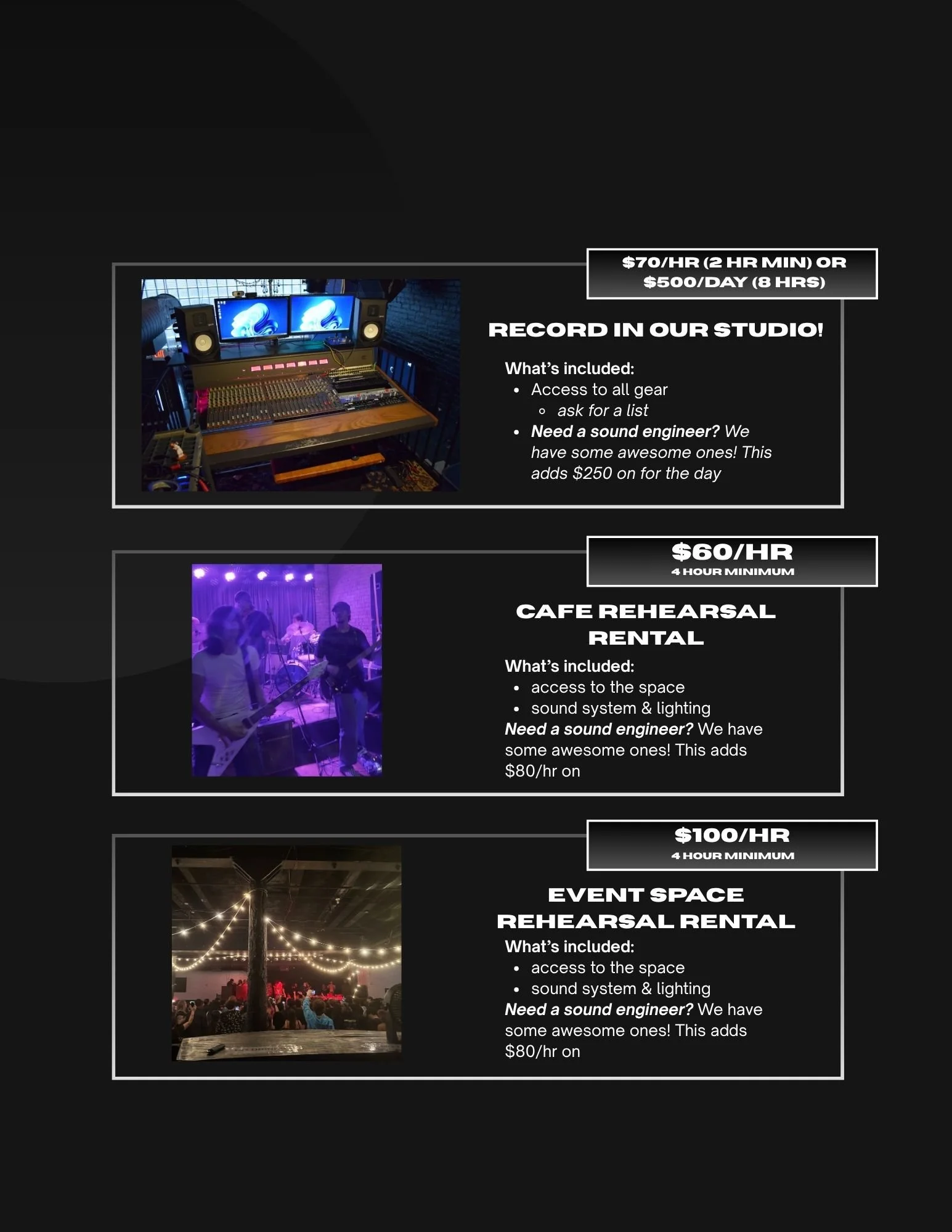 practice space and recording rentals