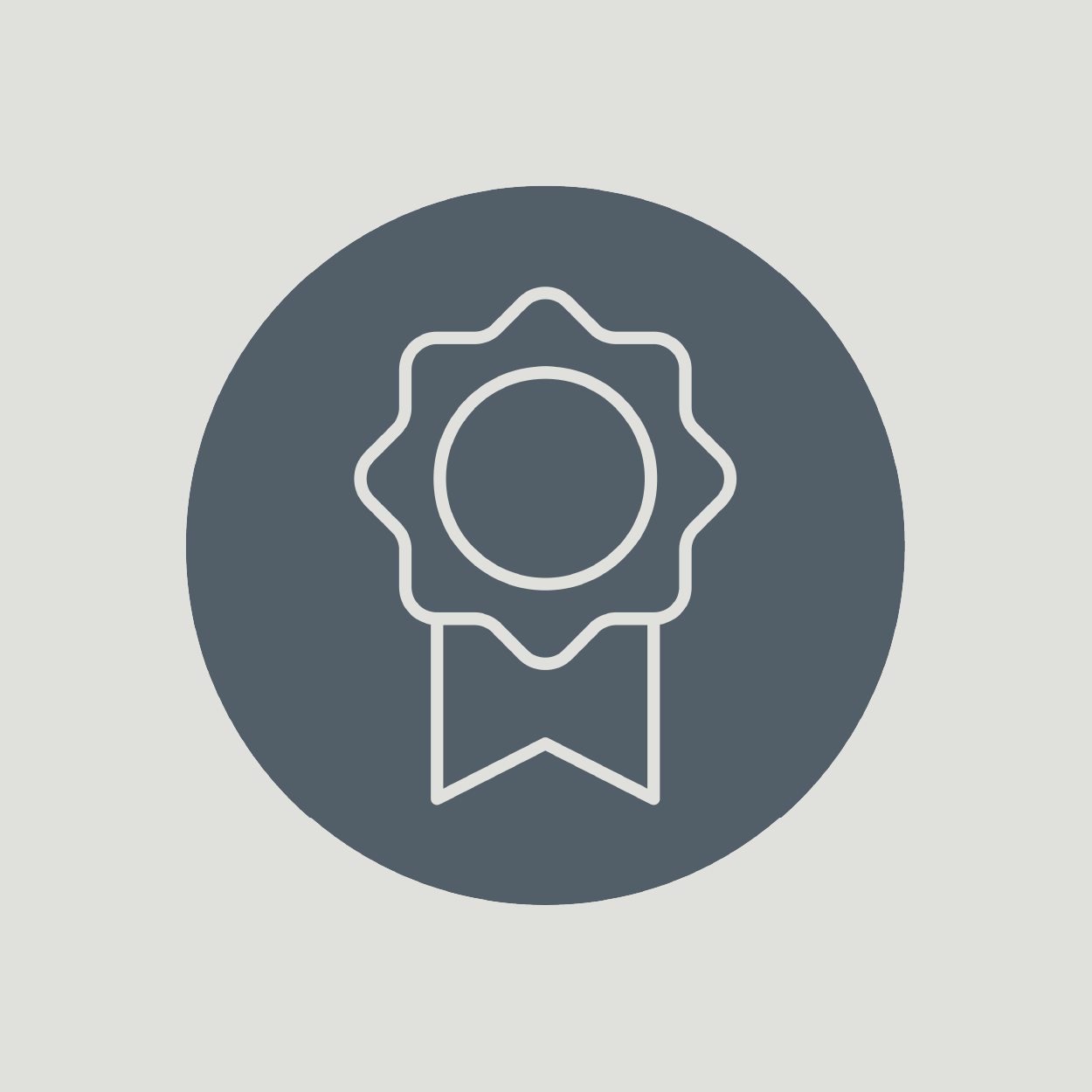 Award badge icon with a ribbon in a dark circle.