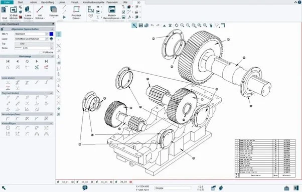 Technical drawing of a mechanical assembly featuring gears, shafts, and a base, with labeled parts and a parts list in the bottom right corner.