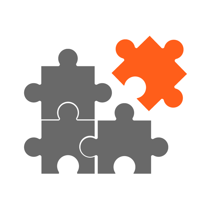 Four puzzle pieces, three in gray forming a frame and one orange piece connecting to the top right.
