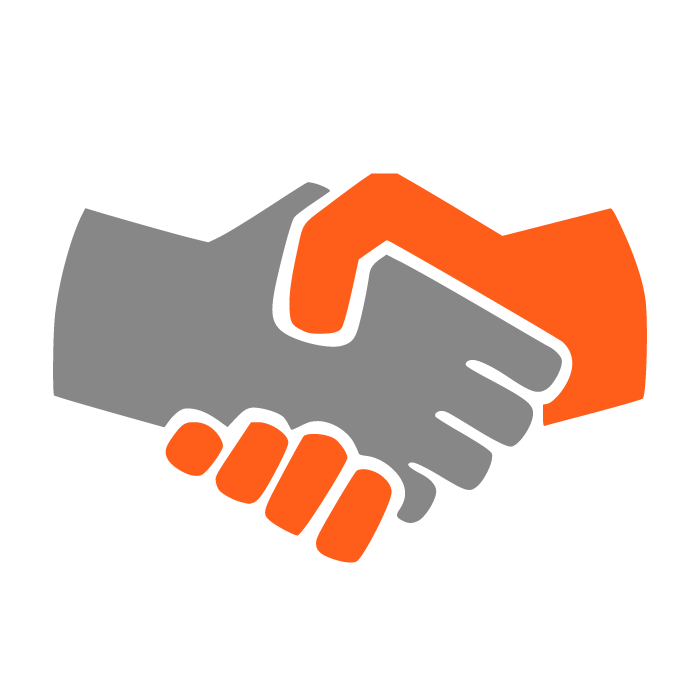 Illustration of two hands shaking, one in gray and the other in orange, symbolizing collaboration or partnership.