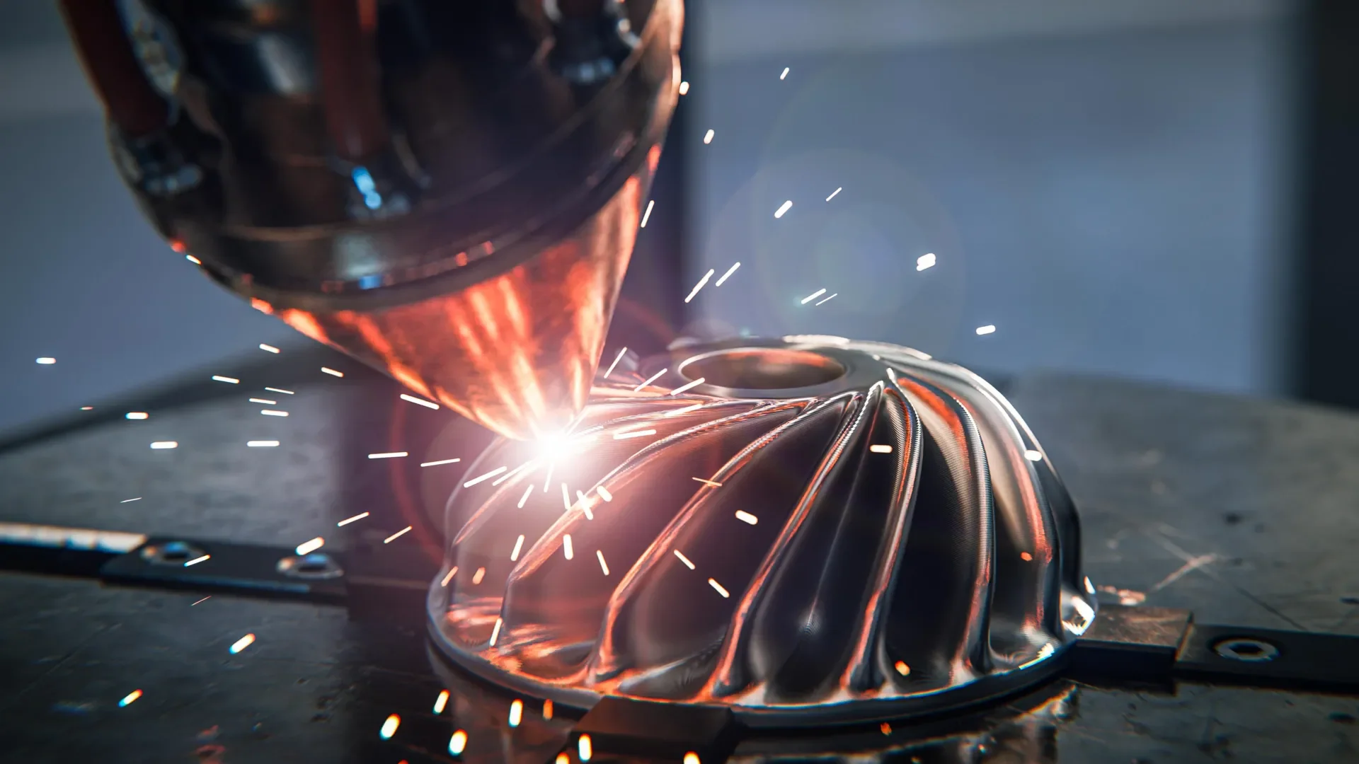 A robotic welding process with sparks flying as a robotic arm welds a metallic component with a helical pattern.