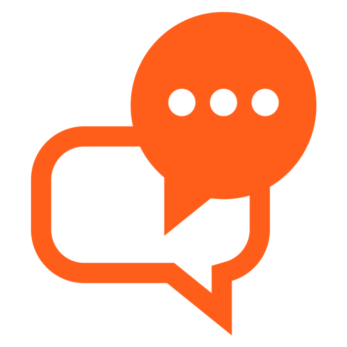 An orange speech bubble icon with three dots inside, representing a chat or conversation.