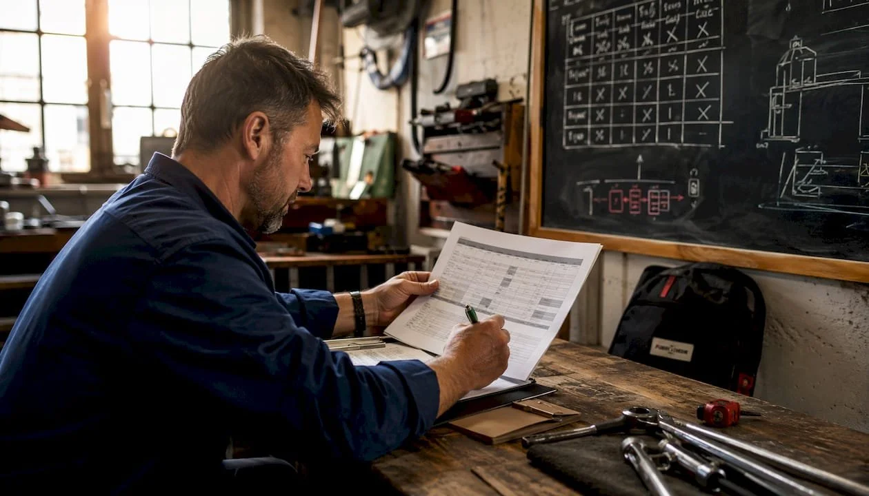 A man with a beard sitting at a workbench in a workshop, reading a printed spreadsheet and writing on it with a pen. The workshop has tools and equipment on the walls and a blackboard with charts and diagrams in the background.