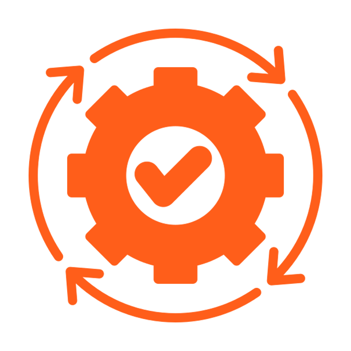 Orange gear icon with a check mark inside, surrounded by circular arrows indicating a continuous process or cycle.