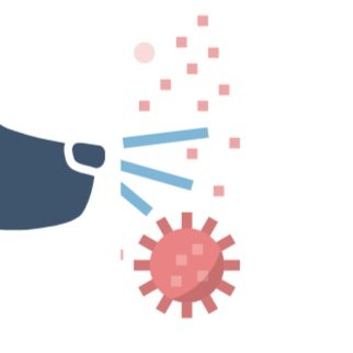 Illustration of a hand spraying disinfectant onto a virus particle.