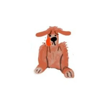 Cartoon illustration of a sad dog with droopy ears, red cheeks, and a black nose, sitting on a white background.