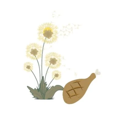 Dandelions growing next to a ham bone with a small heart-shaped puff of smoke.