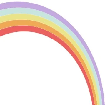 Partial rainbow with purple, blue, yellow, orange, and red colors on a white background.
