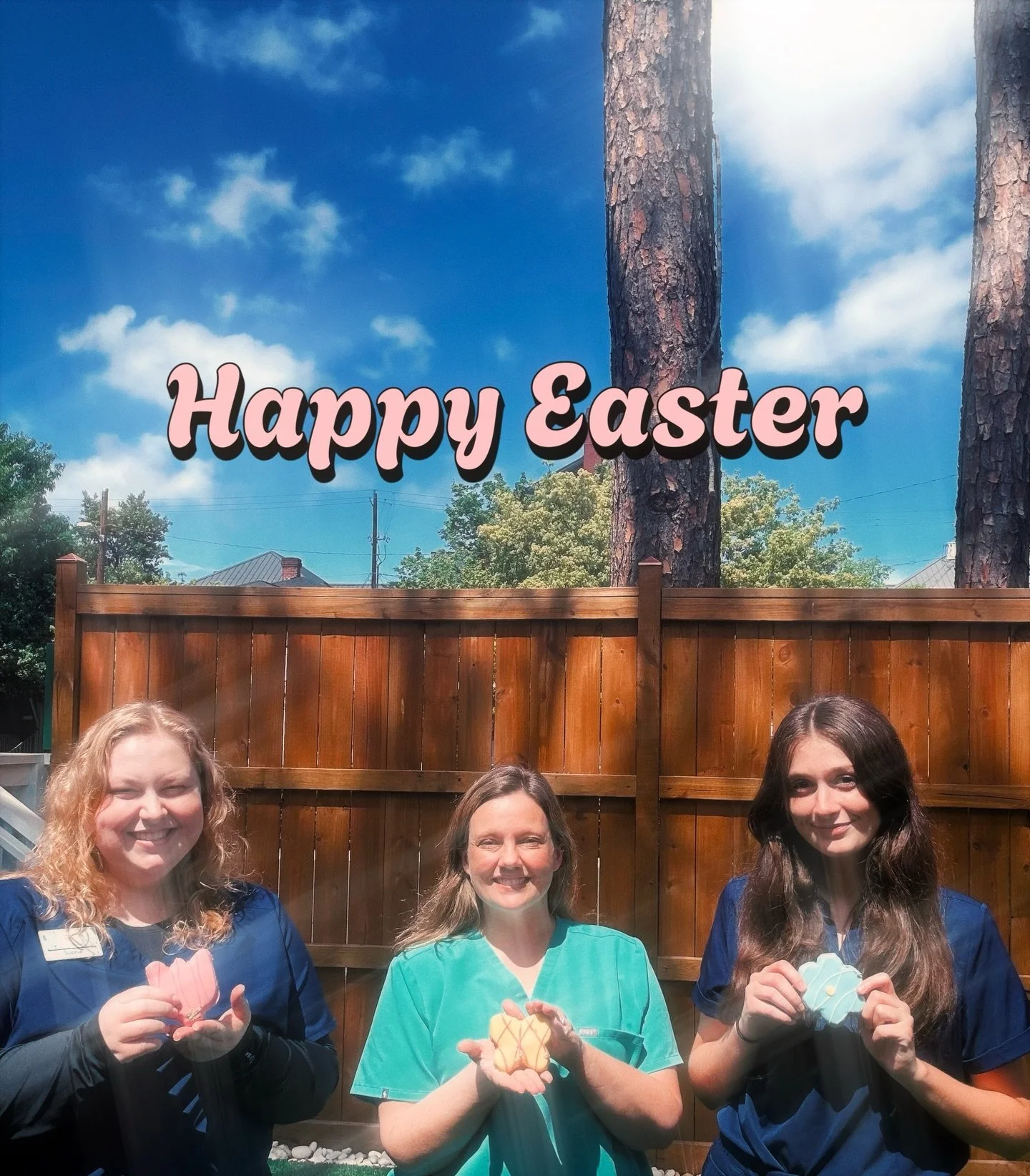 Happy Easter from your Neighborhood Vet Team! 🩵 Sophie, Dr. Kinsey, Lauren