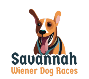 Illustration of a happy dog with large ears, tongue out, and wearing a striped collar, promoting Savannah Wiener Dog Races.