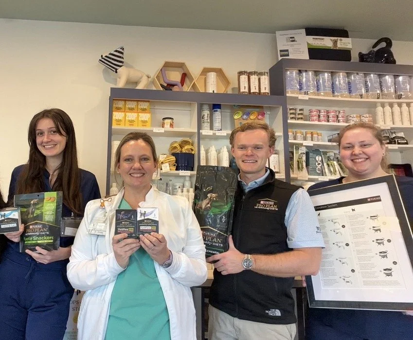 Four people in professional attire holding various pet health and nutrition products in a store or pharmacy setting, with shelves of pet supplies in the background.