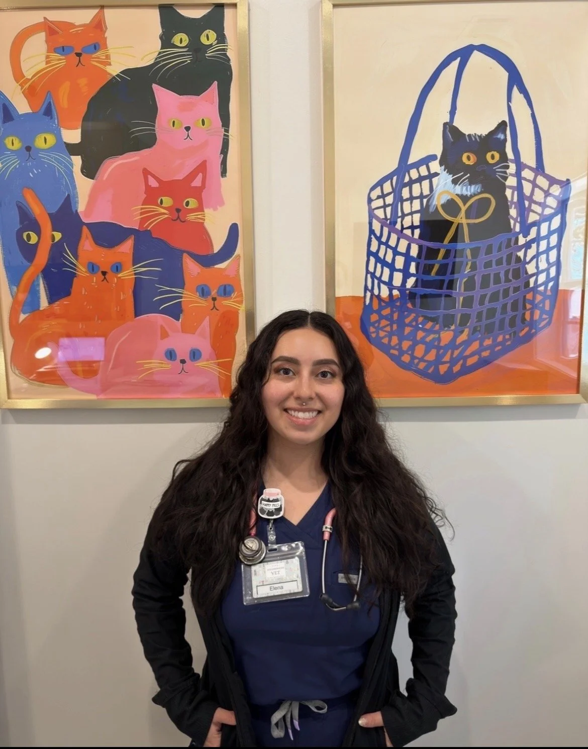 A smiling young woman, a veterinarian, standing in front of two colorful cat-themed paintings. The paintings depict cartoon-like cats in various colors and a black cat sitting in a purple shopping basket with a gold bow.