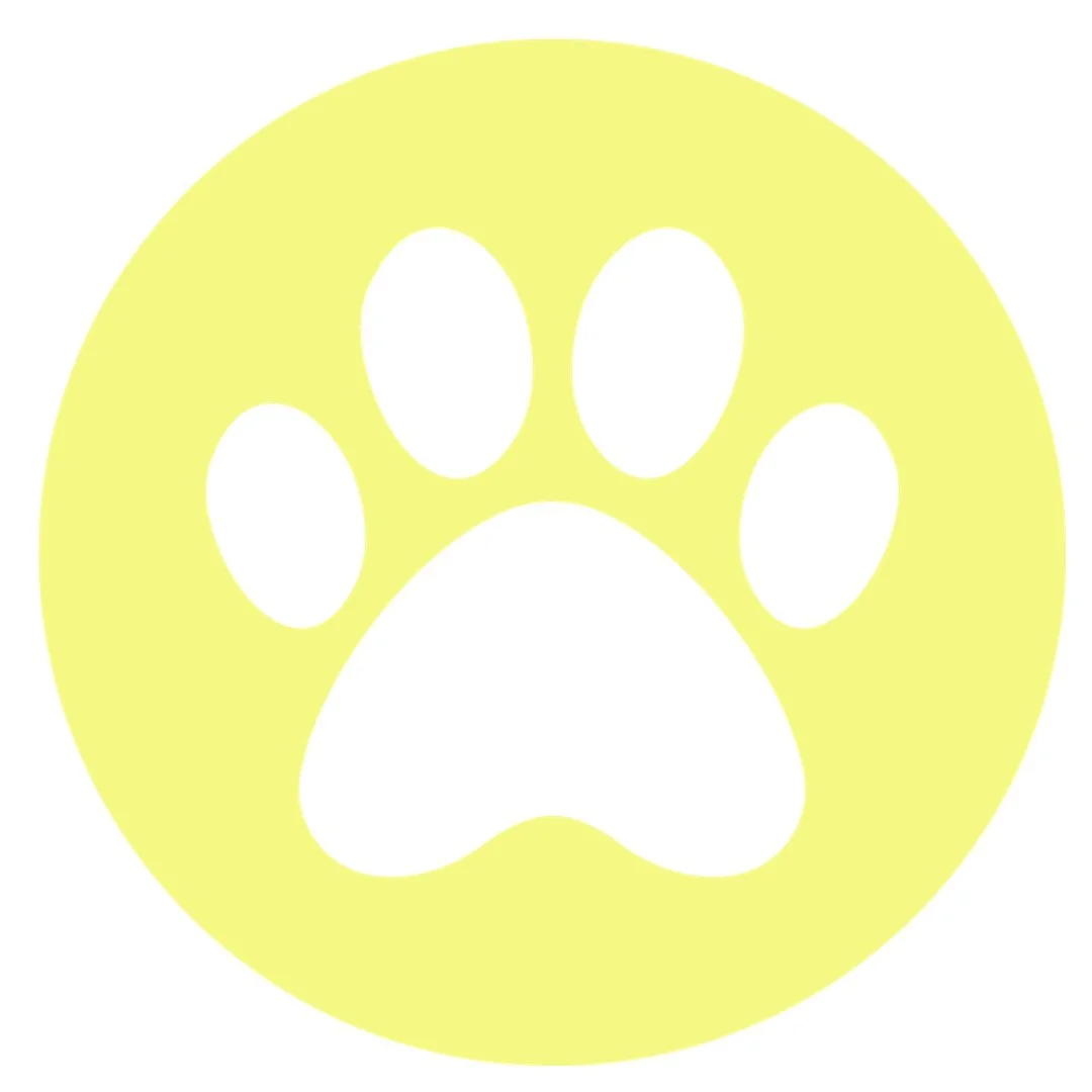 Yellow circular background with a white paw print in the center.