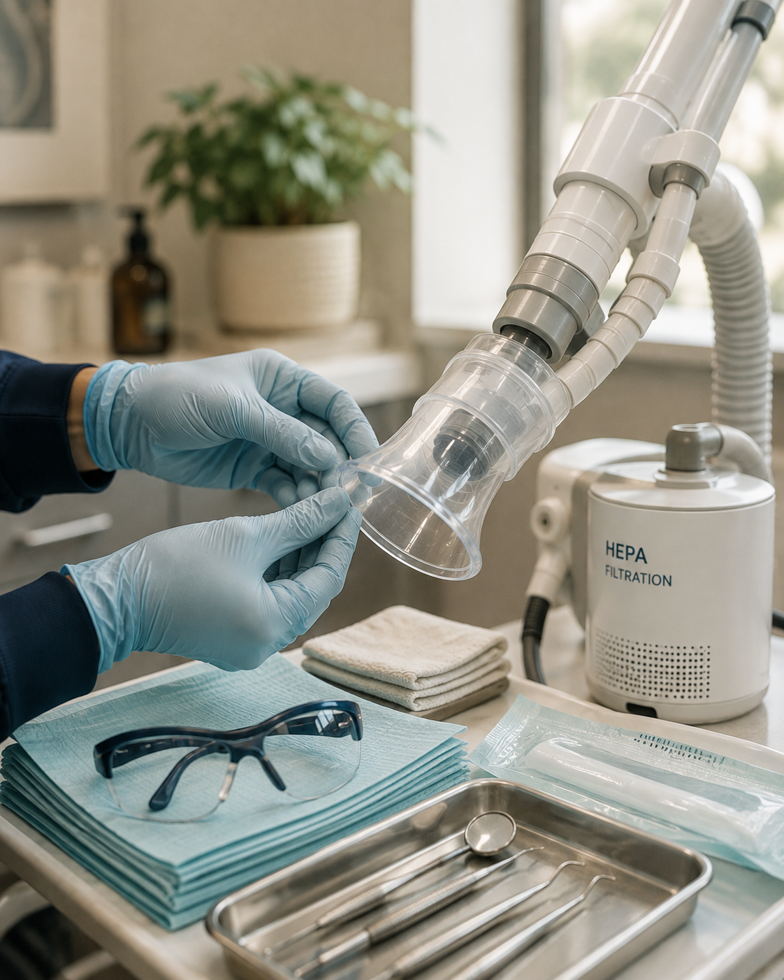 A person wearing blue gloves handling a clear face shield in a medical or laboratory setting, with cleaning supplies, tools, and equipment including a HEPA filtration machine nearby.