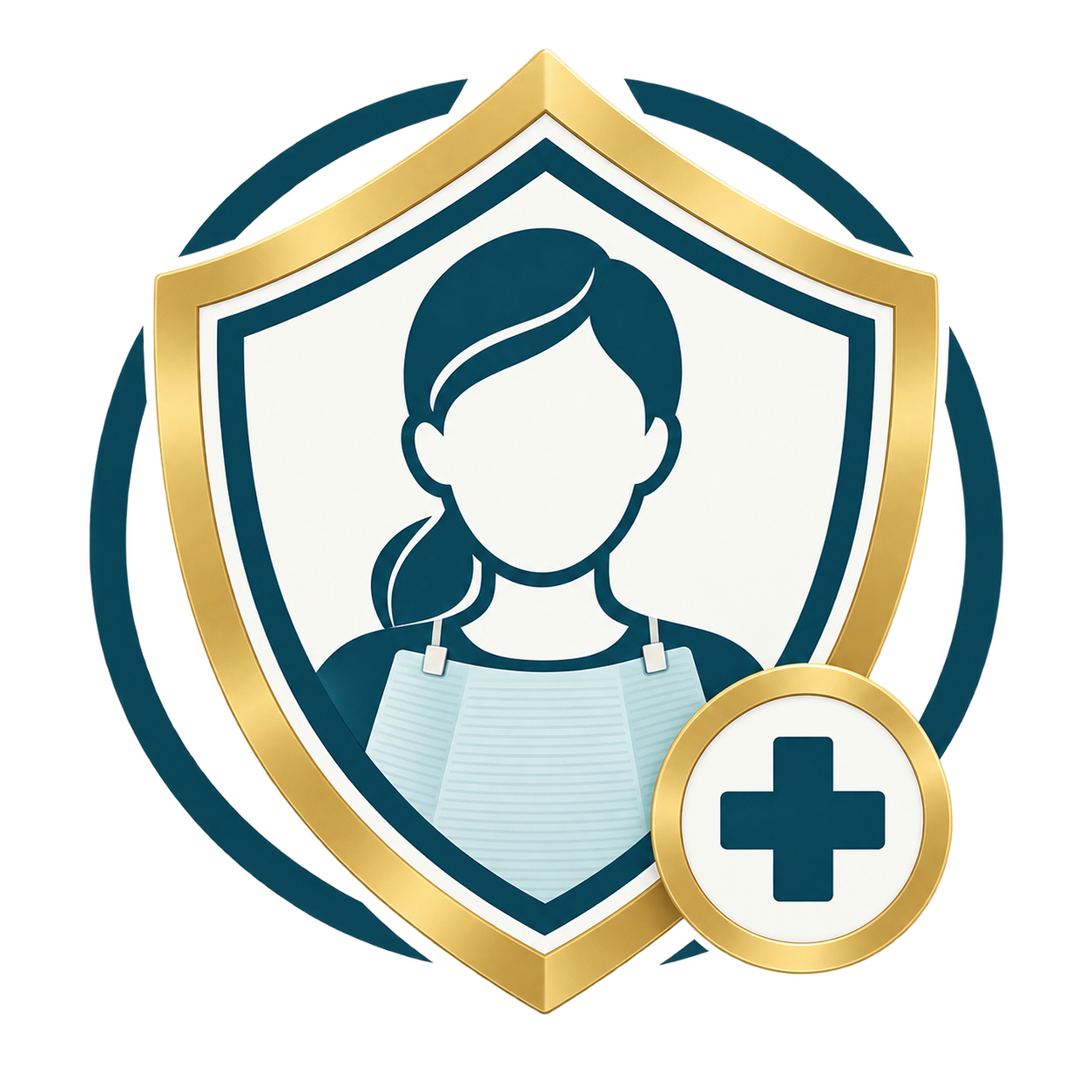 Illustration of a shield with a female healthcare worker wearing a mask, with a medical cross symbol in a circle overlay.
