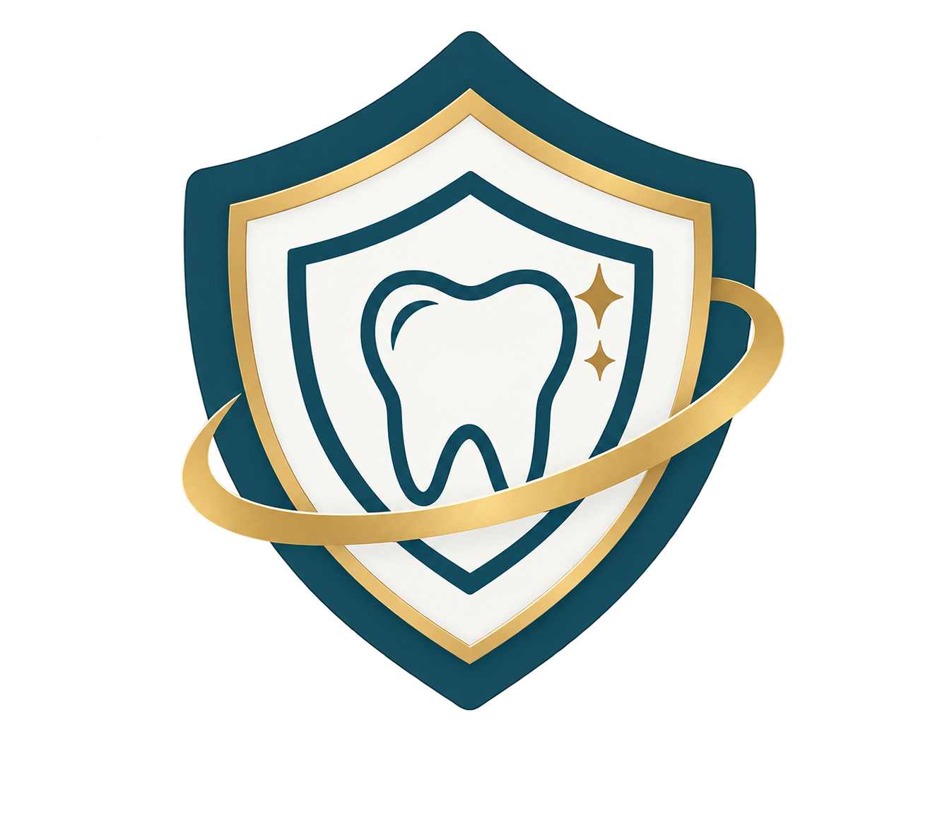 A shield with a white tooth symbol in the center, surrounded by a gold and dark blue border, with a gold ring encircling the shield, resembling a dental hygiene or dental care emblem.