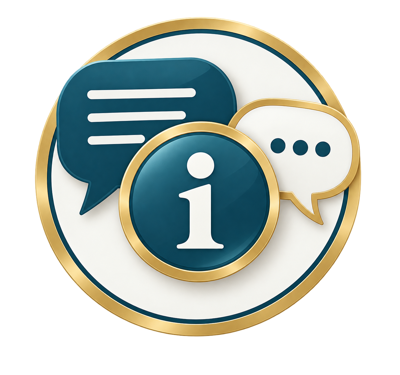 Icons representing information and communication, including a speech bubble, an info circle, and a chat bubble, surrounded by a gold border.