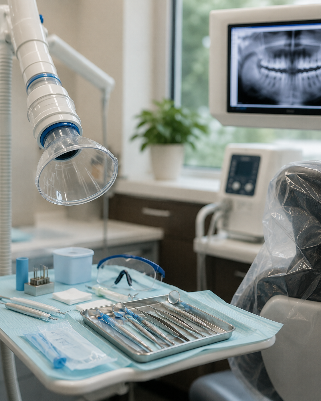 A dental surgery room with dental tools on a tray, an X-ray monitor, and a suction device.