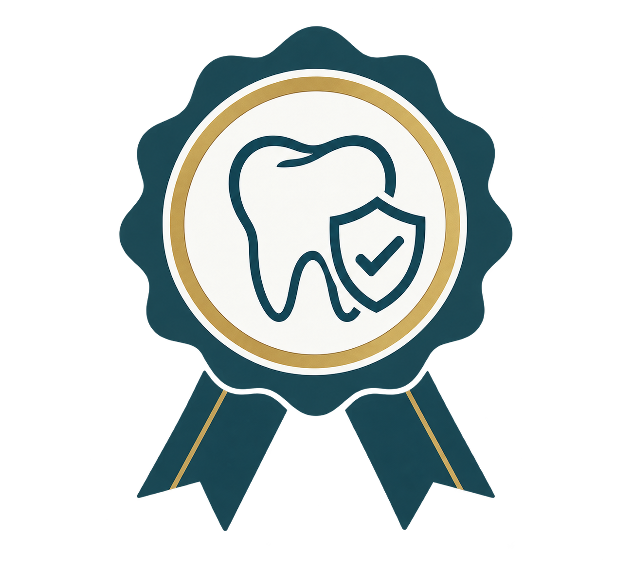A badge featuring a line drawing of a tooth with a shield and checkmark, symbolizing dental health and protection.
