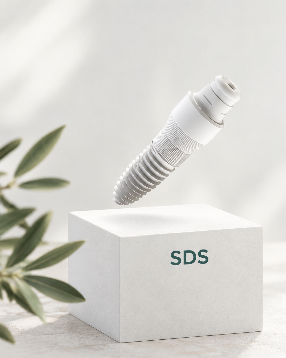 A white, spiral-shaped object labeled 'SDS' floating above a white pedestal with greenery in the foreground.