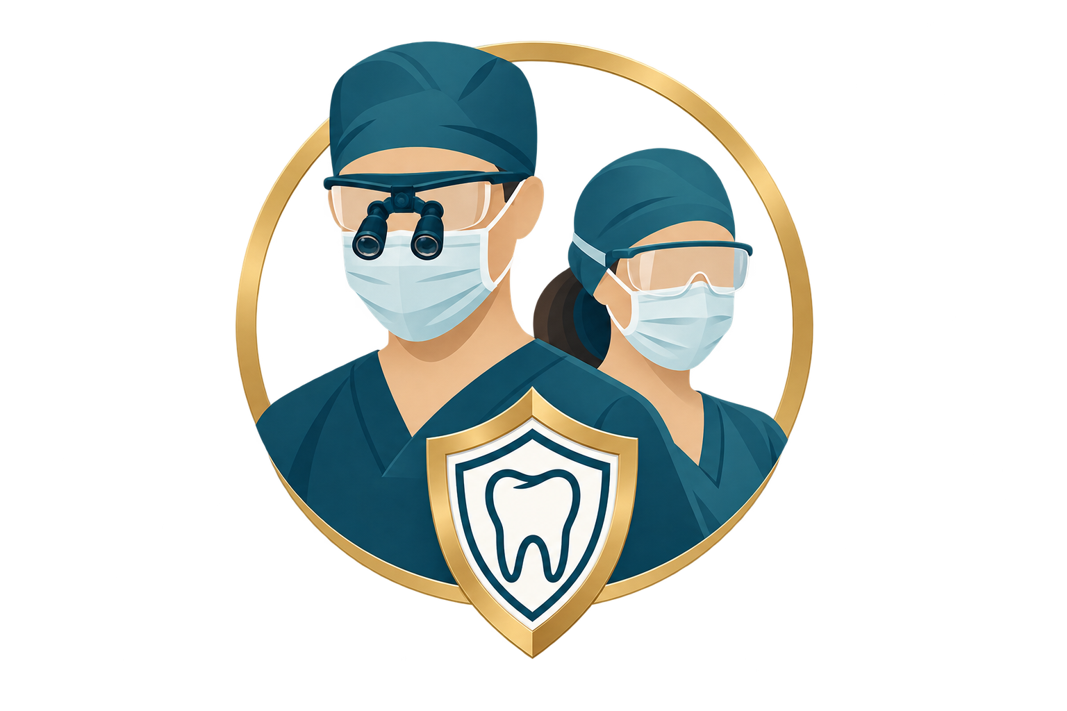 Illustration of two dental professionals wearing masks, scrubs, and protective glasses, with a dental shield and a tooth symbol in a badge on a gold shield in front.