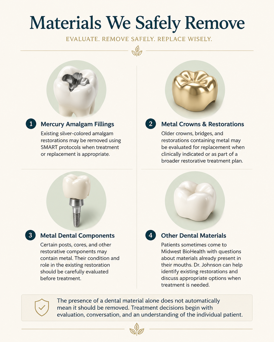 Infographic titled 'Materials We Safely Remove' with four sections showing different dental materials: 1. Mercury Amalgam Fillings, 2. Metal Crowns and Restorations, 3. Metal Dental Components, 4. Other Dental Materials.