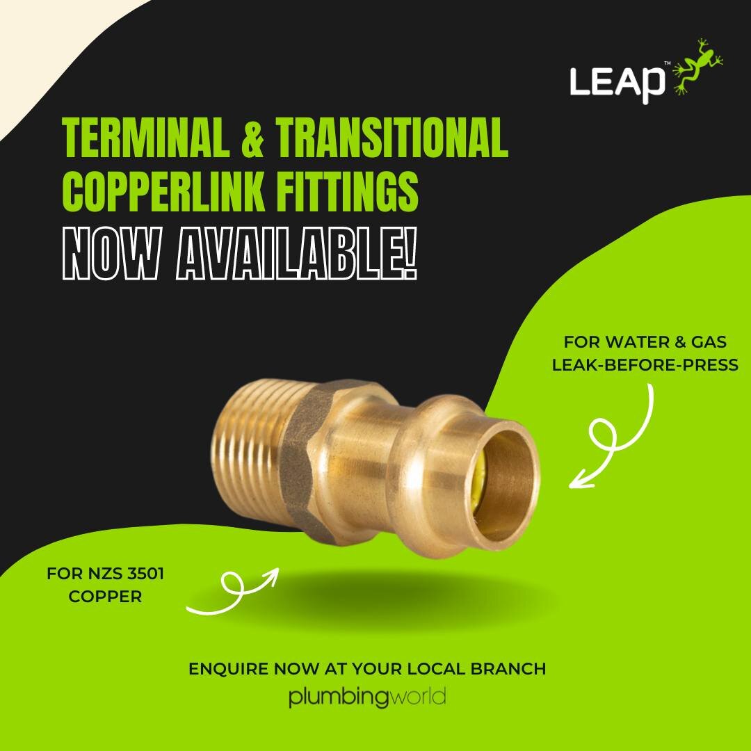 Our CopperLink terminal and transitional fittings are now available! 🛠

✅ NZS 3501 copper tube
✅ Leak-before-press
✅ EPDM O-ring option available
✅ 25-year warranty
✅ Available nationwide

Enquire now at your local Plumbing World branch 🤝

#CopperF
