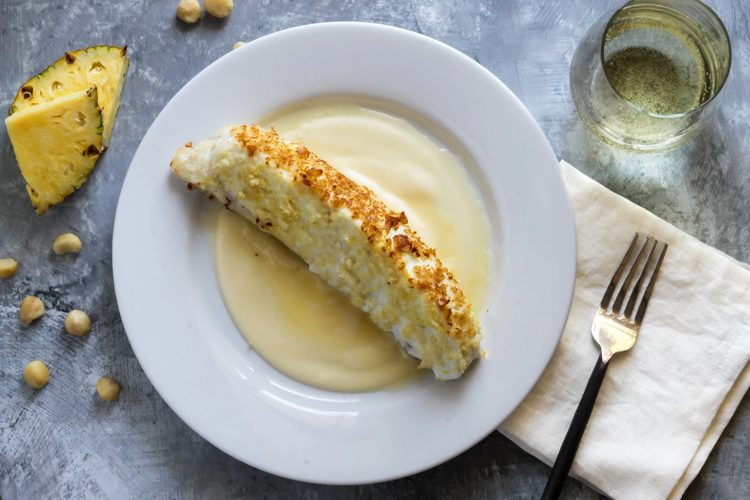 Hendry’s Macadamia-Crusted Halibut with Pineapple Beurre Blanc