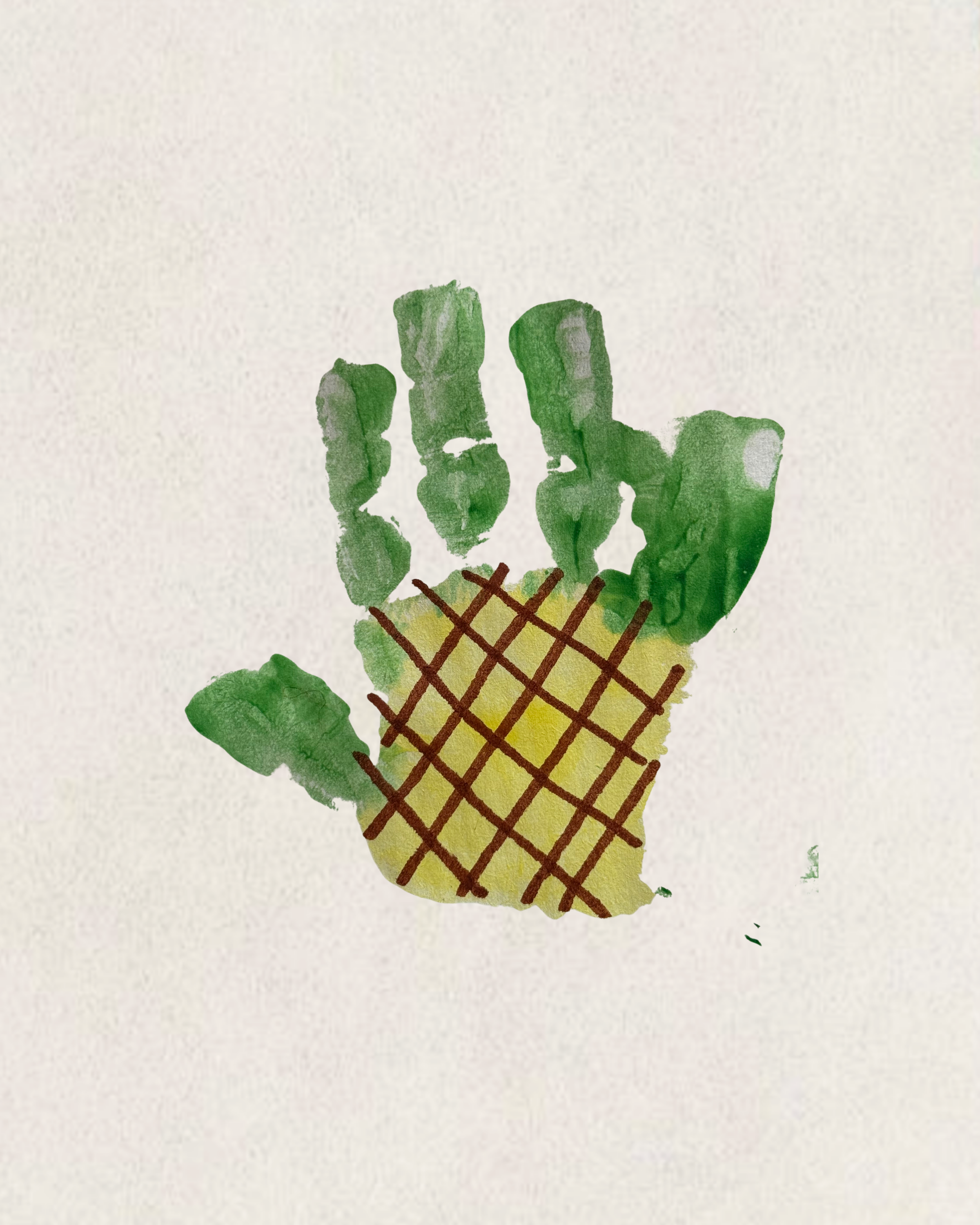 A drawing of a hand holding an ice cream cone with a yellow base and a brown crisscross pattern, topped with green ice cream shaped like multiple fingers.