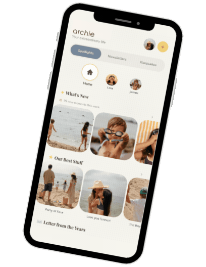 Smartphone screen displaying a social media app called "Archie" with sections for highlights, newsletters, and knowledge. The interface shows photos of people at the beach, including children and a woman, with some images in a grid format under categories like "What's New" and "Our Best Stuff."