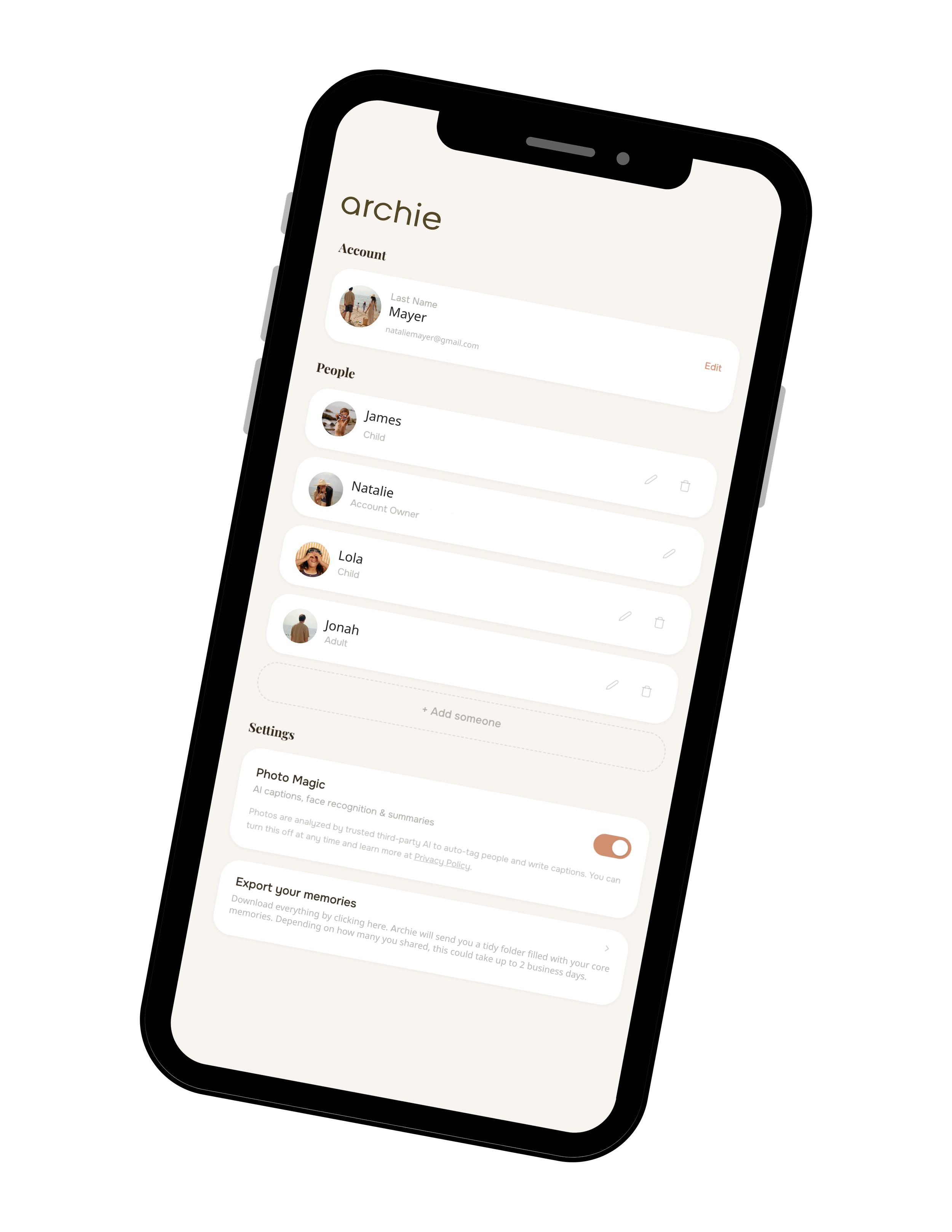 Mobile app screen showing an account profile for Nigelll, including personal details and family members, with options to edit, delete, or add new people