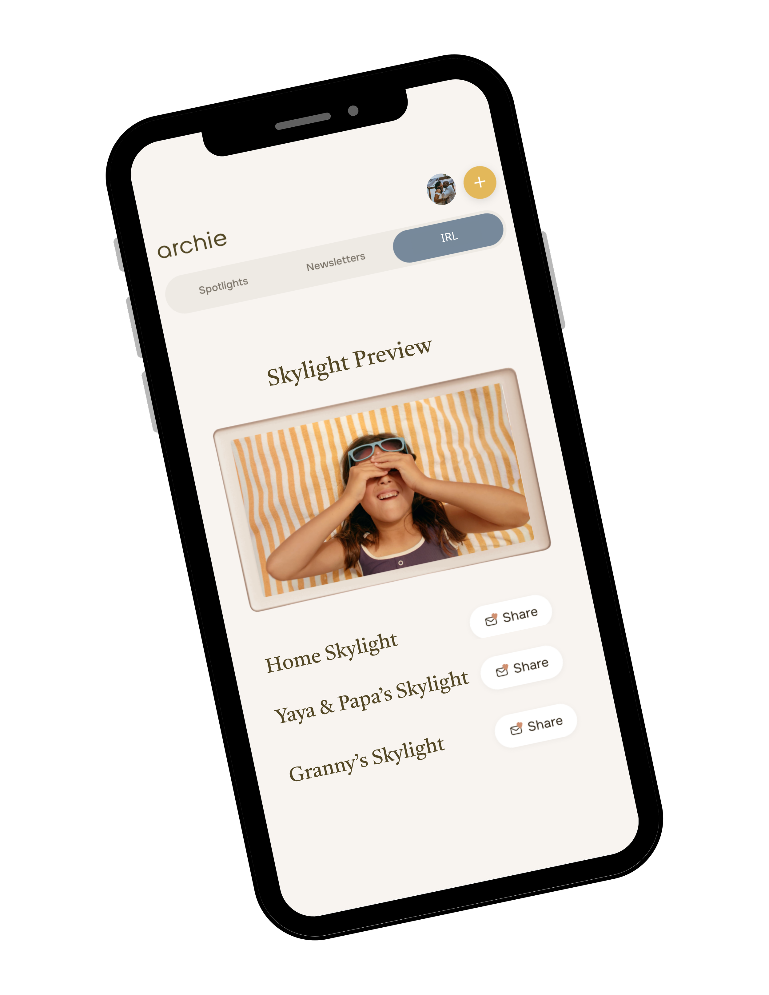 A mobile phone displaying a webpage titled 'Skylight Preview' with a photo of a smiling girl in sunglasses and striped background, and links to different Skylight projects for family members.