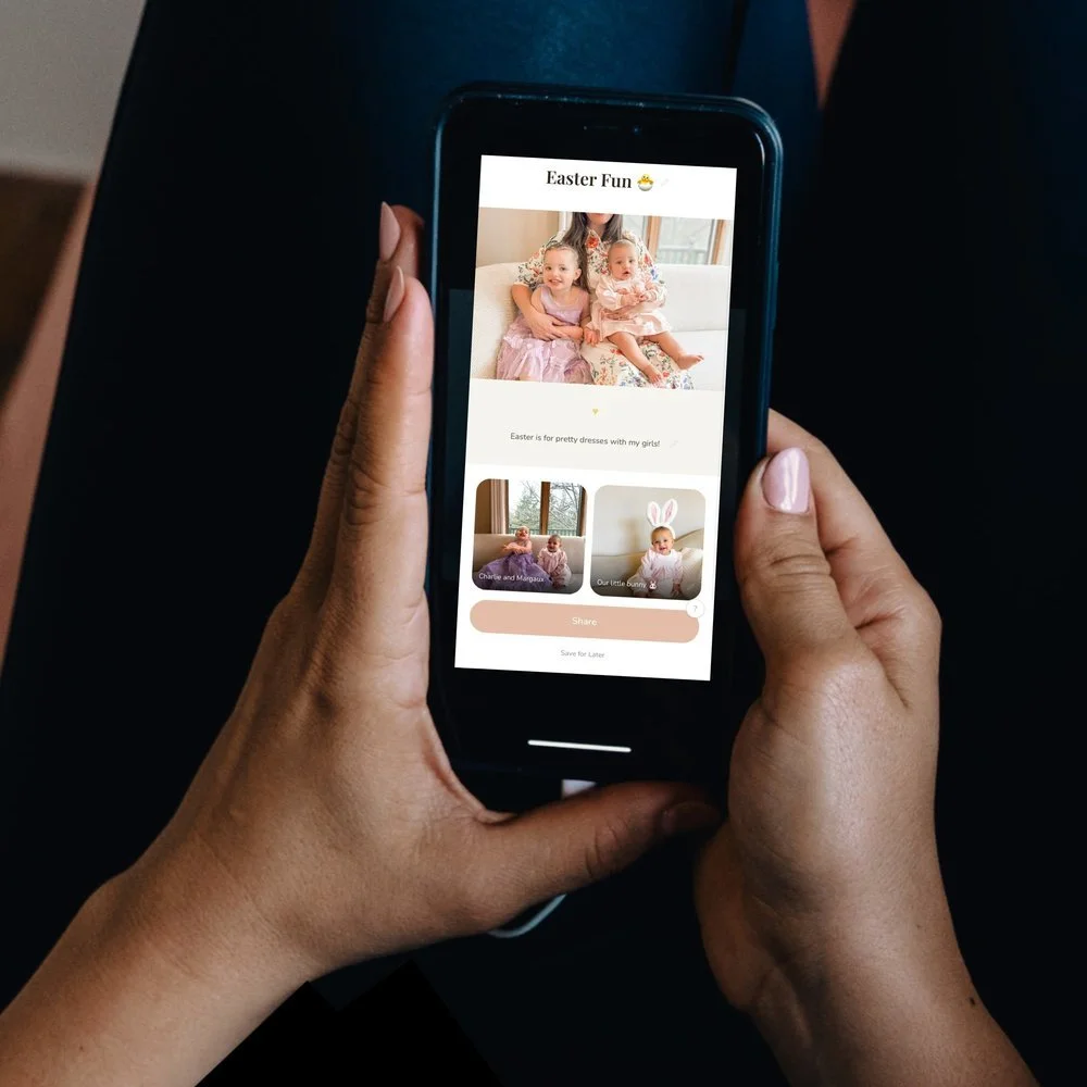A person holding a smartphone displays a social media post titled 'Easter Fun' with pictures of children dressed in pastel clothes, including a girl in bunny ears.