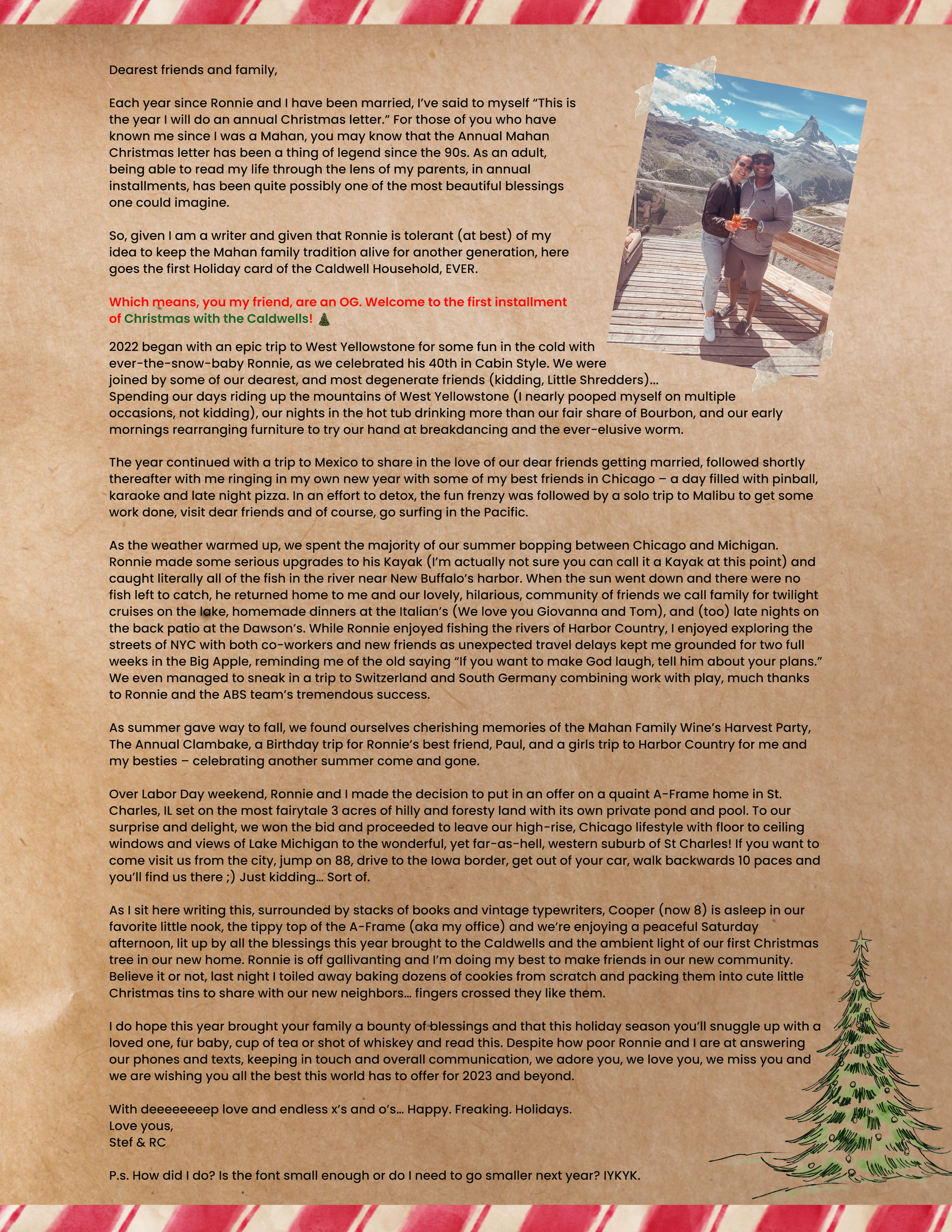 A handwritten Christmas letter on brown paper with a photo of a couple on a mountain deck and a Christmas tree drawing at the bottom right corner, taped onto the paper. The letter begins with a personal message to friends and family, with text in varying colors, including red and green.