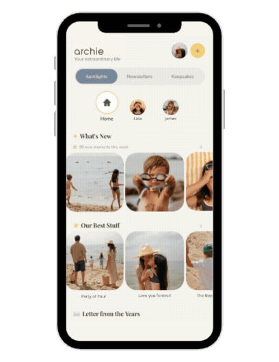 A smartphone screen displaying a social media app with a travel-themed interface, featuring photos of people at the beach and text sections titled 'What's New,' 'Our Best Stuff,' and 'Letter from the Years.'