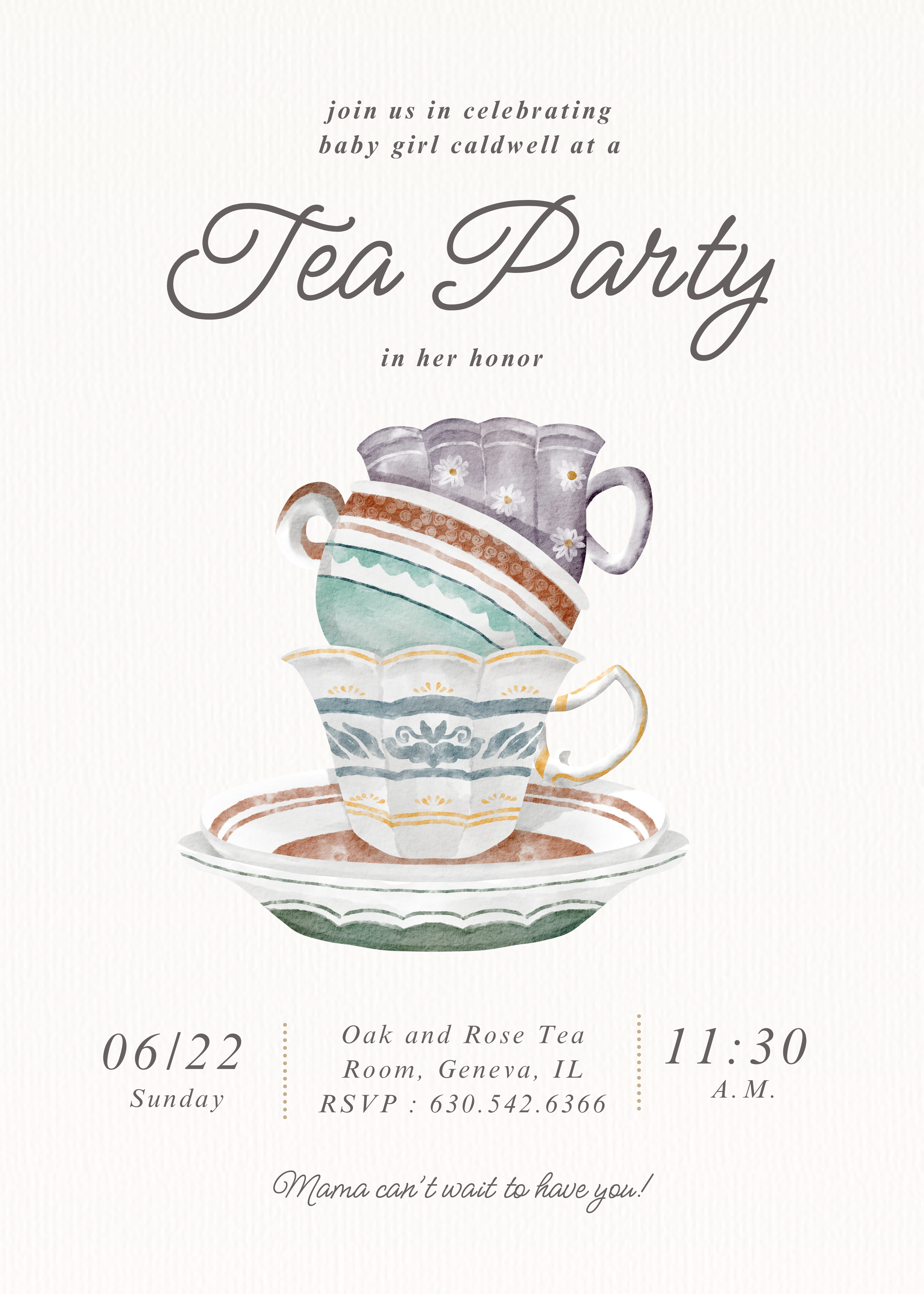 Invitation for a tea party celebrating baby girl caldwell, with details of date, time, location, RSVP, and a watercolor illustration of stacked teacups.