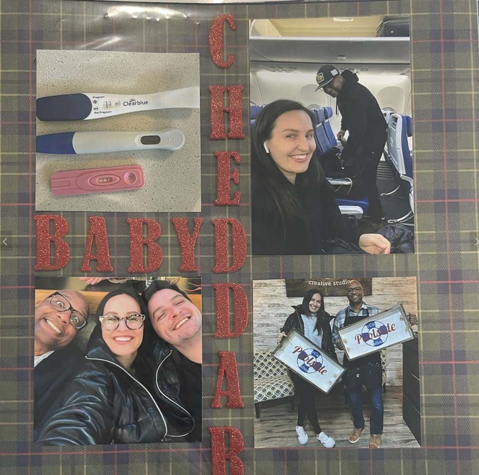 A collage with three photos and a display of pregnancy tests and maternity items, with red glittery letters spelling out "CHEY BABY D" on a plaid background.