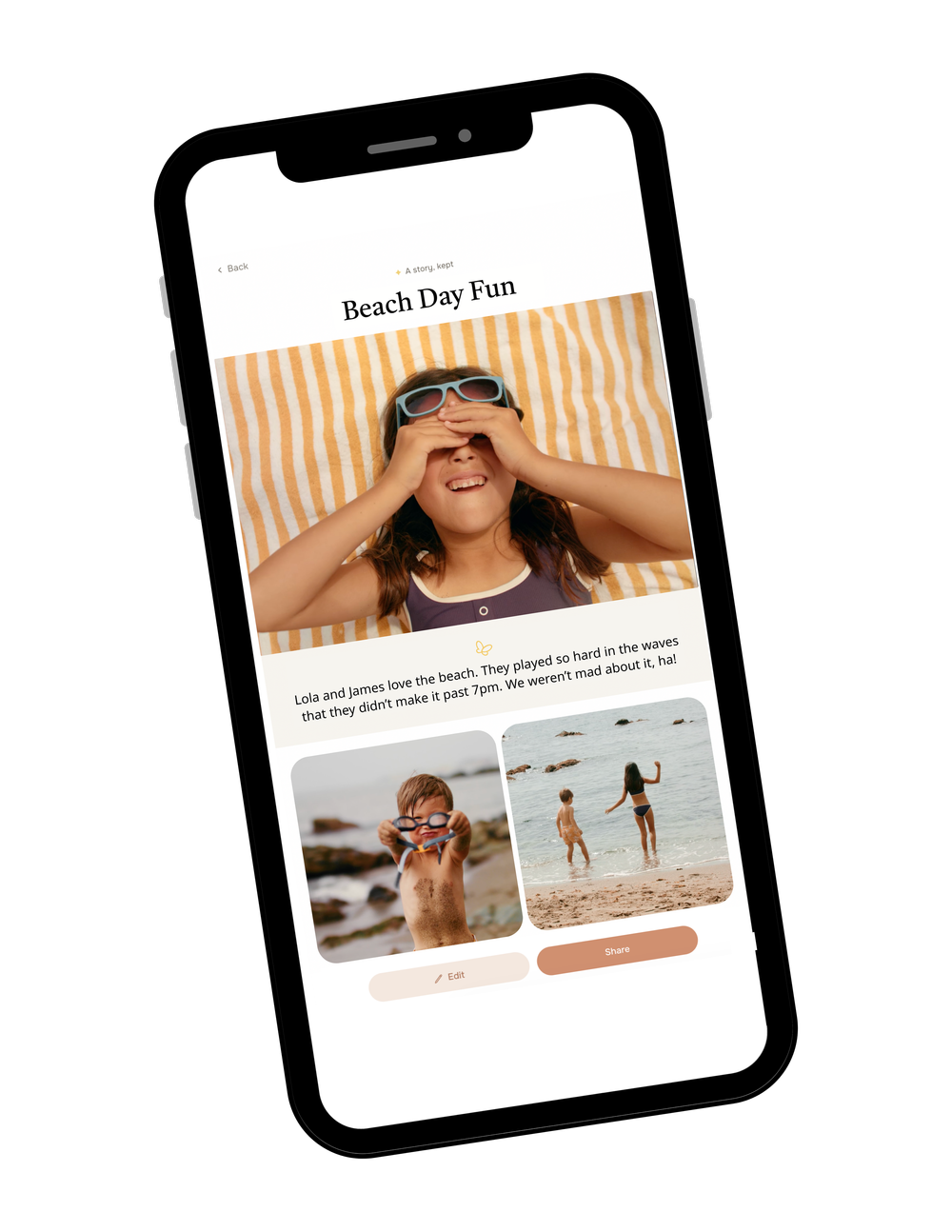 Smartphone screen displaying a photo of a young girl with sunglasses lying on a striped beach towel, smiling, with beach photos and text about a fun day at the beach below.
