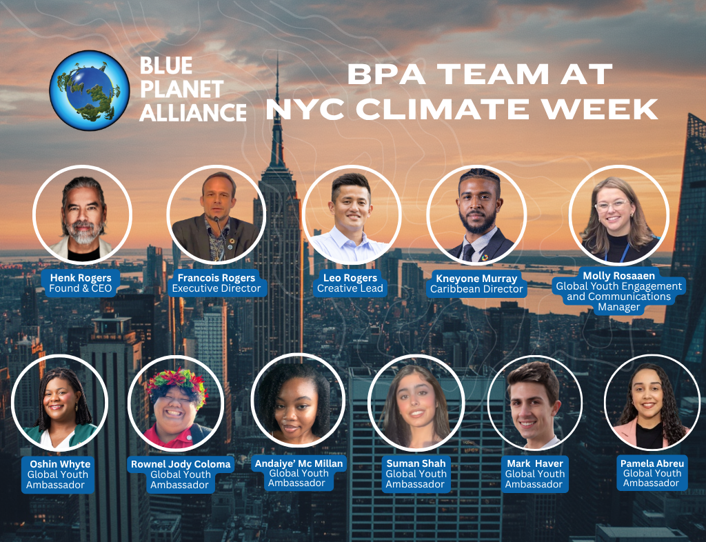 Group photo of the BPA team at NYC Climate Week, organized by Blue Planet Alliance, with portraits of ten team members over New York City skyline during sunset, including their names and titles.