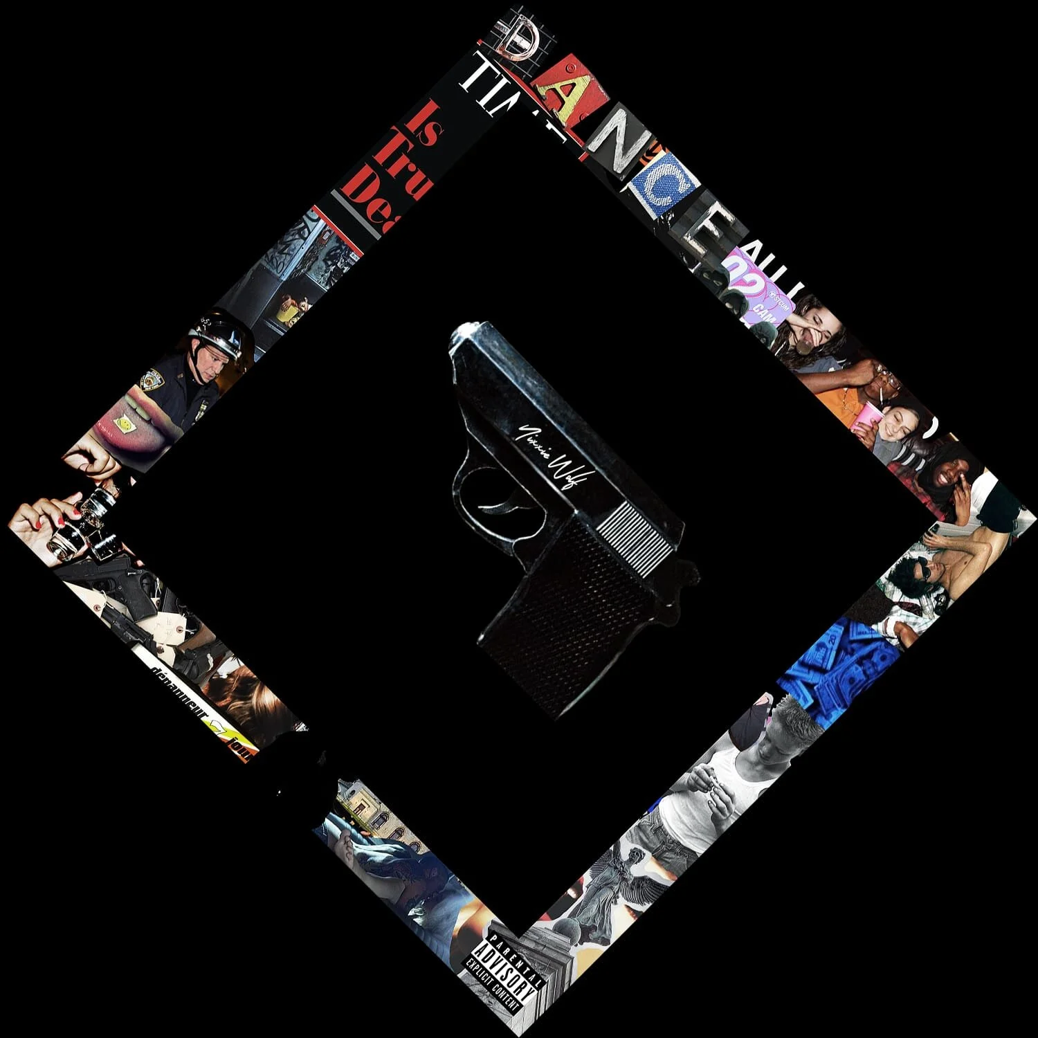 Un pistolet noir avec une signature blanche 'Vuitton Wolf' est au centre. Autour, en forme de carré, se trouve un collage de diverses images et textes, y compris une image de policiers, des personnes, et des mots en français.