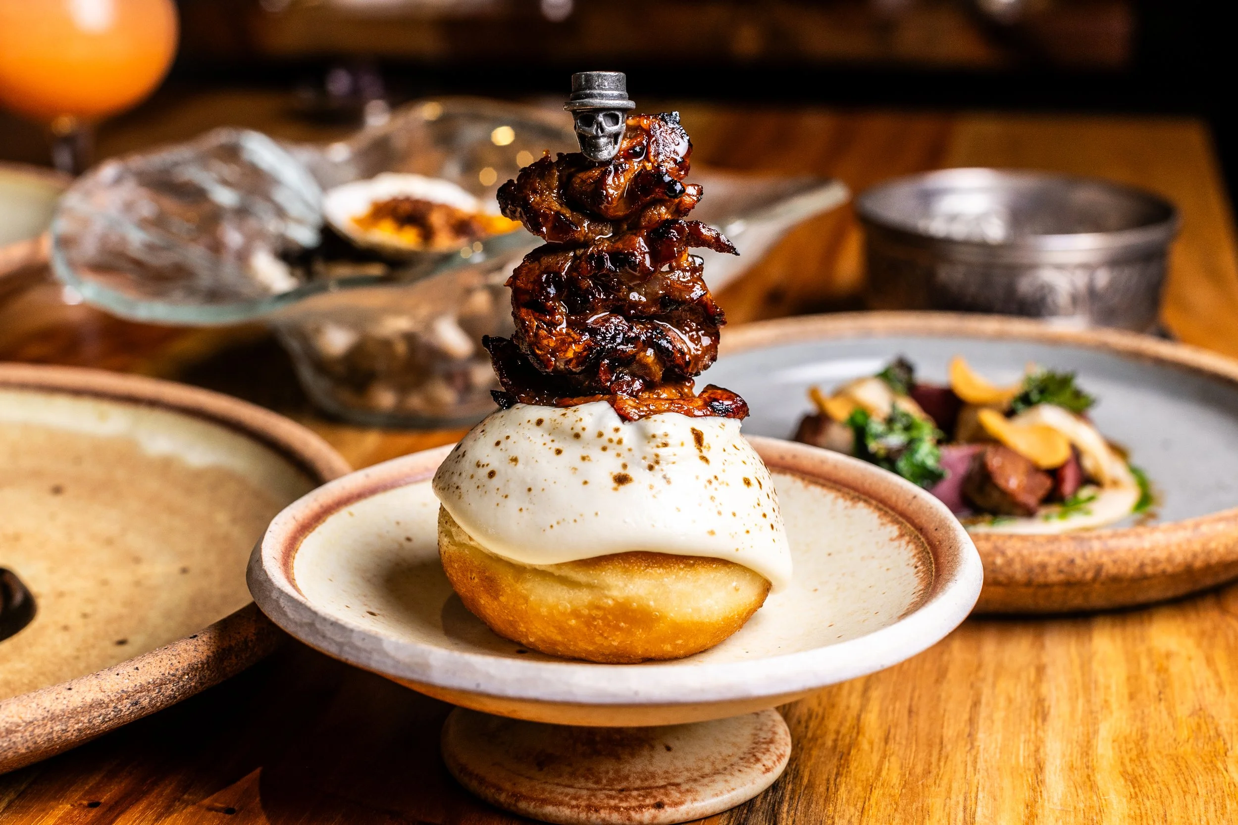 beer cheese donuts with rib cap skewer