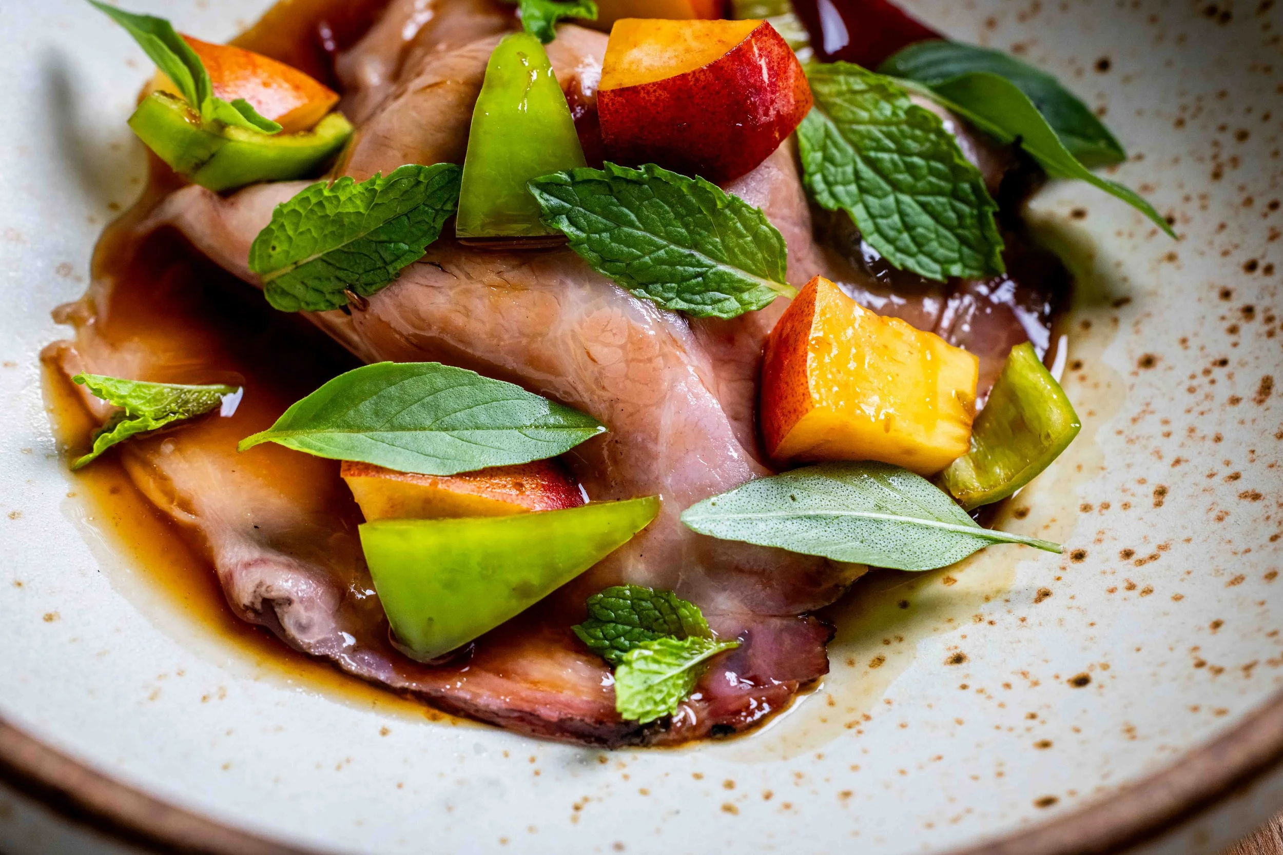 smoked pork collar sweet peppers peaches basil